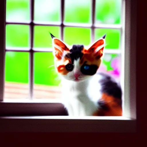 Image similar to cute calico kitten looking out of the window on a [ [ [ [ [ beautiful ] ] ] ] ] summer day, featured on artstation, gorgeous!!!