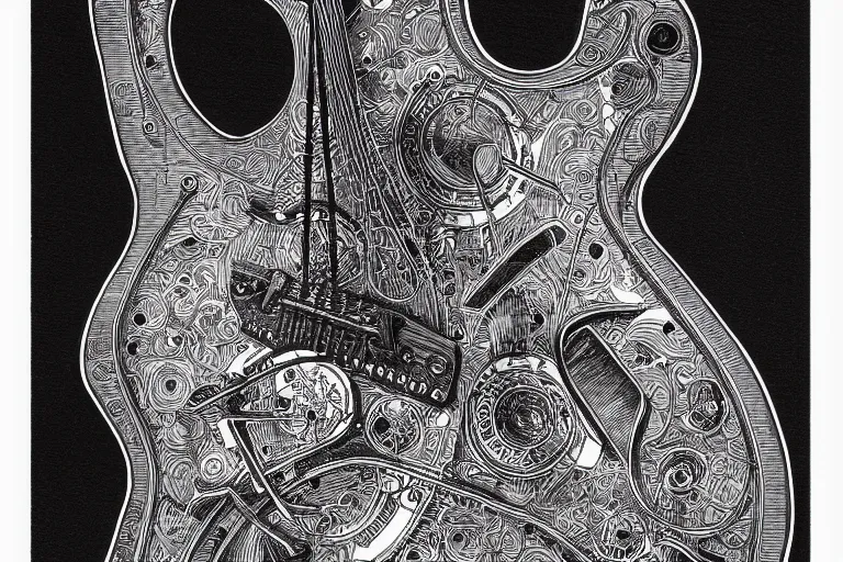 Prompt: blueprint for a guitar designed by Joe Fenton, black ink on textured paper, high detail, sketch, realistic, intricate, technical, art by Joe Fenton and syd mead