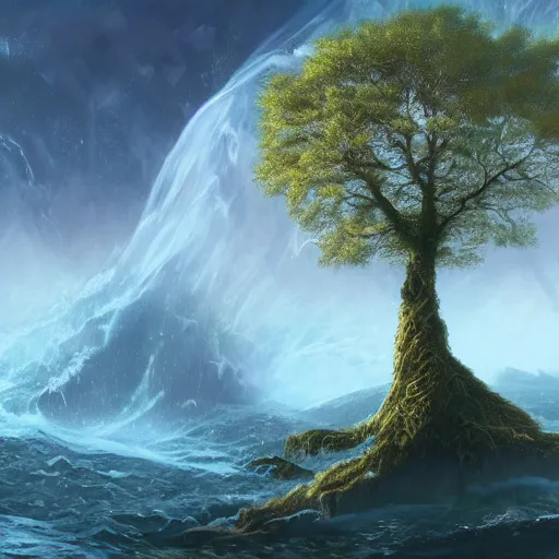 Prompt: a hyperdetailed matte painting of a german romantic tree emerging from an oceanographic landscape, magic realism painting, trending on artstation