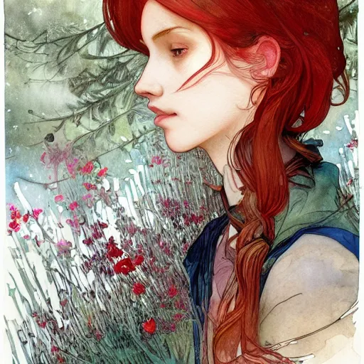 Image similar to side view a beautiful and inspiring intricate watercolor illustration artwork red hair italian girl in the forest, feeling the nature, eyes closed, 4 k, ultra - wide angle, by william turner, by victo ngai, by alphonse mucha, by miho hirano, hd, trending on artstation, hyper detailed, muted colors, inspiring, beautiful, energetic