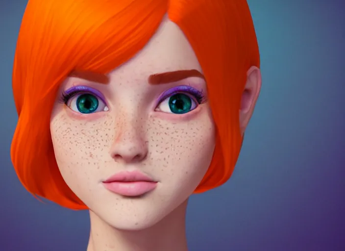 Prompt: portrait Girl with orange hair and freckles, purple background, cute-fine-face, pretty face, fine details. realistic shaded lighting by disney style,