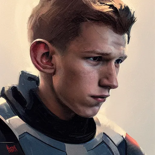 Image similar to portrait of tom holland as a man by greg rutkowski, he is about 3 0 years old, short blond hair, athletic and strong, straight jaw, looking puzzled, wearing futuristic space gear, highly detailed portrait, digital painting, artstation, concept art, smooth, sharp foccus ilustration, artstation hq.