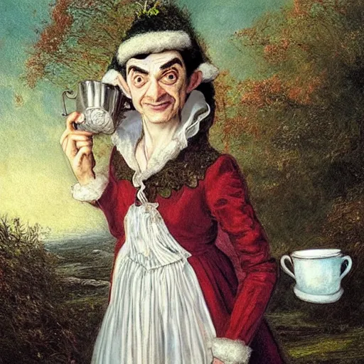 Image similar to 18th century elf princess (Mr. Bean), mouth wide open, is ((drinking a cup of tea)). fantasyconcept art, inspired by John Everett Millais's Ophelia