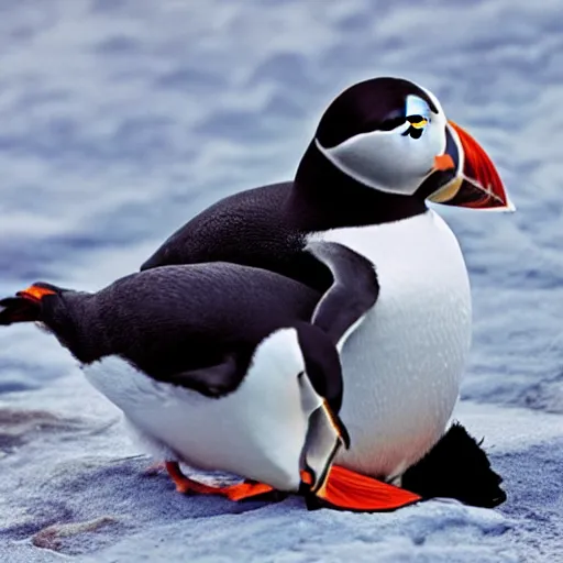 Image similar to puffin cuddling penguin