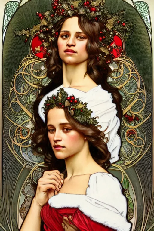 Image similar to realistic art nouveau style detailed portrait of alicia vikander wearing a holly wreath as a crown at christmas by alphonse mucha, charlie bowater, anddonato giancola art nouveau style, white red and green christmas colors