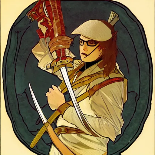 Image similar to portrait : : clearly visible face : : : swashbuckling albino rogue wearing ss uniform leather armor with hand on hilt : : tang dynasty sword with blowtorch flame for blade : : goggles pushed up on forehead : : concept art by rutkowski and alphonse mucha and barlowe