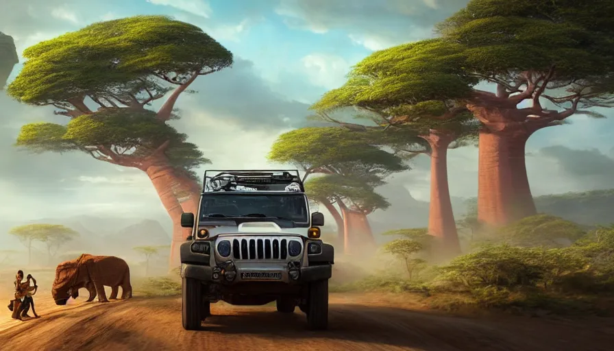 Prompt: mahindra thar driving through madagascar road with baobabs trees, animals running along, action scene, an epic fantasy, wide shot, artgerm, trending on artstation, masterpiece, by greg rutkowski, by ross tran, by fenghua zhong, octane, soft render, ultrarealistic, colorful, cinematic, shadow of the tomb rider