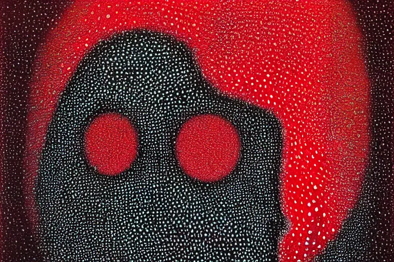 Image similar to face made out of mist, faceless people dark, dots, drip, stipple, pointillism, technical, abstract, minimal, style of francis bacon, asymmetry, pulled apart, cloak, hooded figure, made of dots, abstract, balaclava, red dots