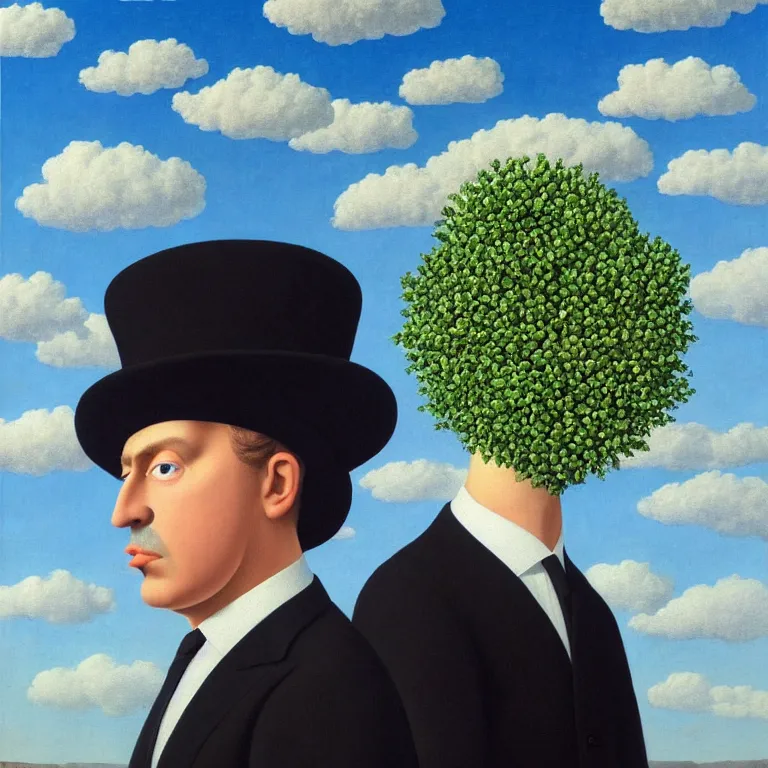 Image similar to portrait of a faceless beautiful flower - head man in a suit, clouds in the background, by rene magritte, detailed painting, distance, middle centered, hd, hq, high resolution, high detail, 4 k, 8 k