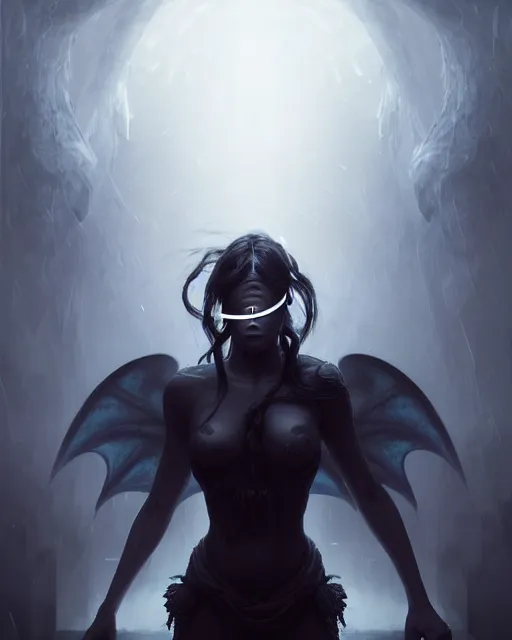 Image similar to fantasy portrait of a dark angel with a blindfold on his eyes!!, highly detailed, moist foggy, abstract dragons around in a intricate background, complex 3 d render by ilya kuvshinov, peter mohrbacher. unreal engine, blender, octane, ray tracing. sharp focus, masterpiece, post processing, deviantart