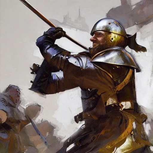 Image similar to portrait of man wearing gambeson and sallet helmet, swinging sword, fighting, detailed by greg manchess, craig mullins, bernie fuchs, walter everett