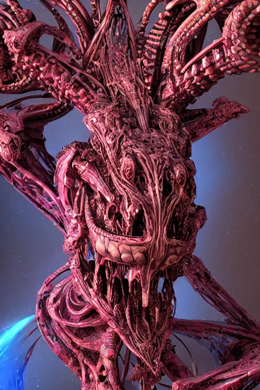 Prompt: hyper-maximalist overdetailed 3d sculpture of a biomechanical reptilian extraterrestrial monster by clogtwo and ben ridgway. 8k. Generative art. Fantastic realism. Scifi feel. Extremely Ornated. Intricate and omnious. Tools used: Blender Cinema4d Houdini3d zbrush. Unreal engine 5 Cinematic. Beautifully lit. No background. artstation. Deviantart. CGsociety. Inspired by beastwreckstuff and jimbo phillips. Cosmic horror infused retrofuturist style. Hyperdetailed high resolution Render by binx.ly in discodiffusion. Dreamlike polished render by machine.delusions. Sharp focus.