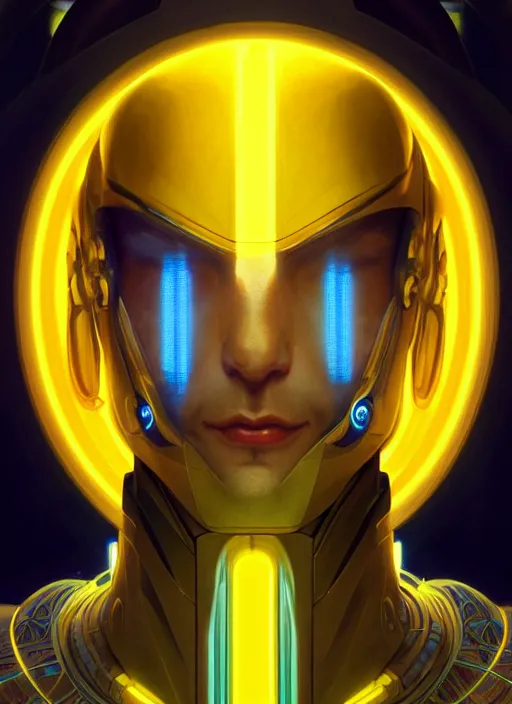 Image similar to symmetry portrait of a man with a grin, sci - fi, tech wear, blue and yellow glowing lights, intricate, elegant, highly detailed, digital painting, artstation, concept art, smooth, sharp focus, illustration, art by artgerm and greg rutkowski and alphonse mucha