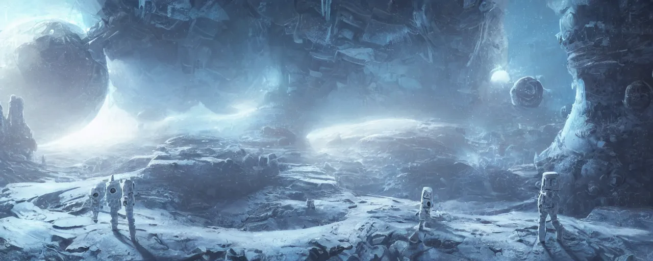 Prompt: lone astronaut exploring outer digital cybernetic planet covered with ice, art by paul lehr, cinematic, detailed, epic, widescreen, opening, establishing, matte painting, photorealistic, realistic textures, octane render