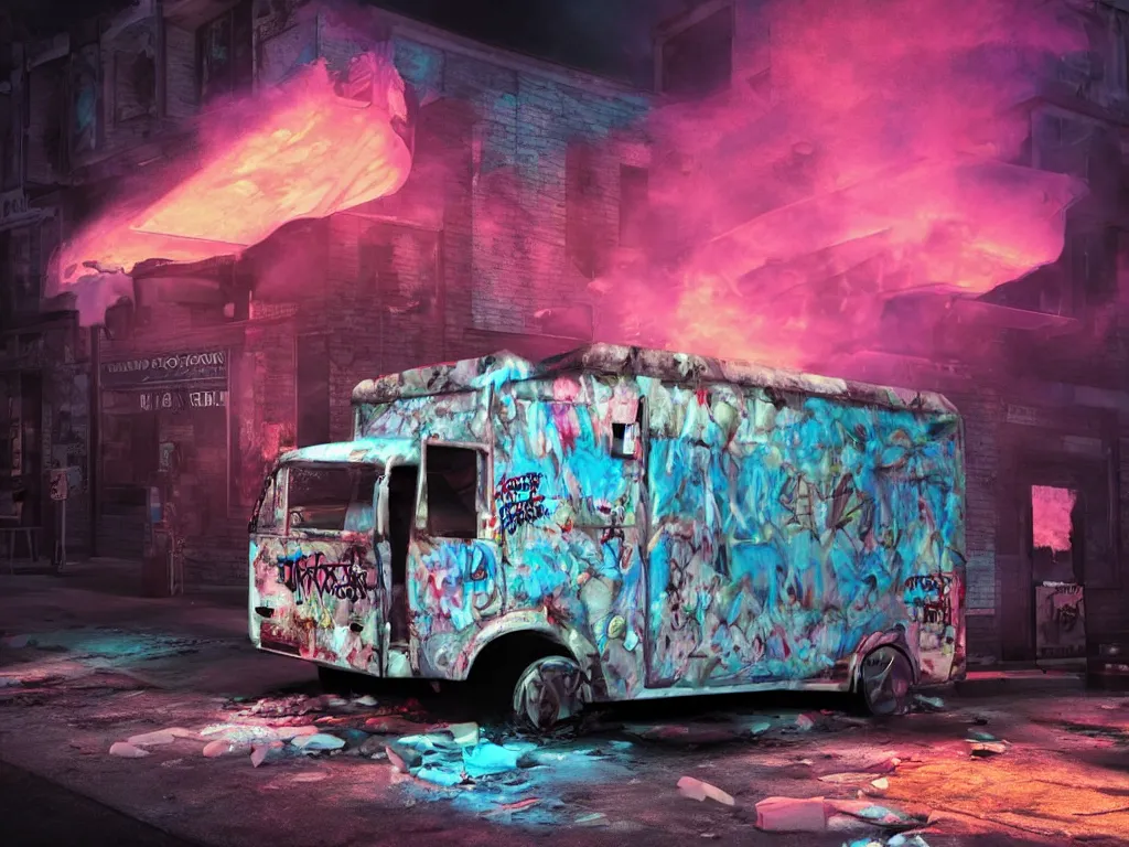 Prompt: graffiti covered Ice cream truck on fire at night, vapor wave, volumetric lighting, haunting atmosphere, gothic, photorealistic, hyperdetailed 3D render, hyperrealism, hyperrealistic, cinematic, silent hill, horror style