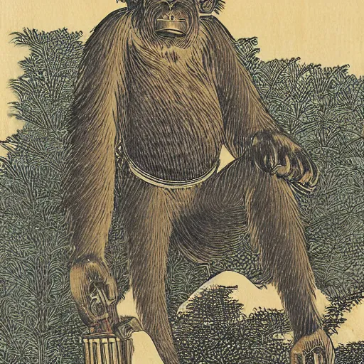 Prompt: A detailed shin-hanga print of a gigantic bronze statue of a monkey, by Hiroshi Yoshida