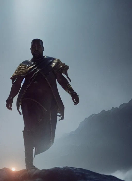 Image similar to kanye west as emperor napoleon in elden ring, splash art, movie still, cinematic lighting, dramatic, octane render, long lens, shallow depth of field, bokeh, anamorphic lens flare, 8 k, hyper detailed, 3 5 mm film grain