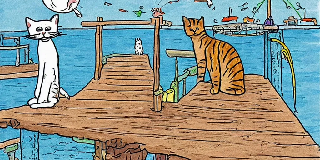 Prompt: cat sitting on the pier fishing, cartoon
