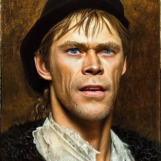 Prompt: portrait of chris hemsworth combined with willem dafoe and steve buscemi, oil painting by jan van eyck, northern renaissance art, oil on canvas, wet - on - wet technique, realistic, expressive emotions, intricate textures, illusionistic detail