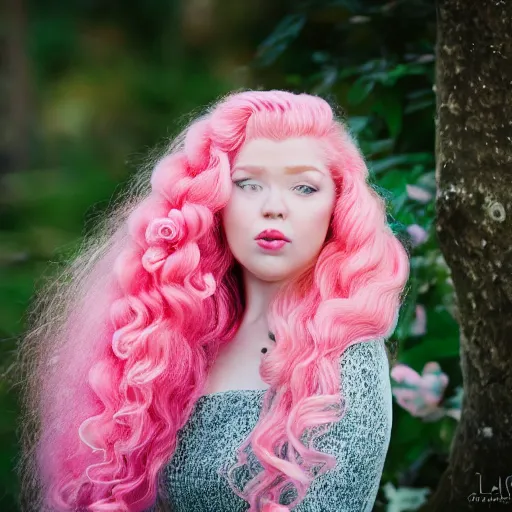 Image similar to !dream a photograph of rose quartz from steven universe, portrait photography, 85mm, iso 400, focus mode, detailed portrait, gigantic pink ringlets, huge curly pink hair, tight gigantic pink curls, warm features, chubby, white dress, gorgeous, kind features, beautiful woman, flattering photo, daylight