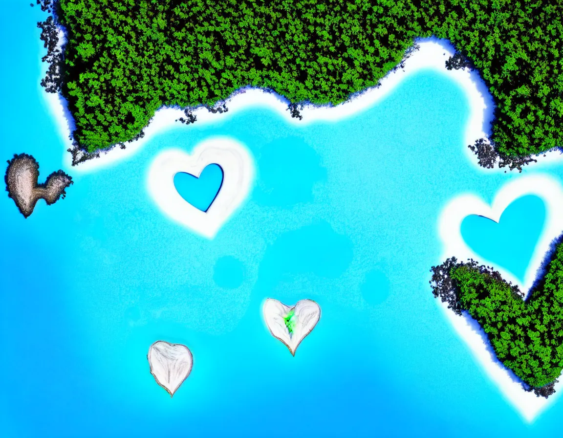 Prompt: realistic photograph of exotic tree heart / shaped island with blue lagoon, tranquil scene
