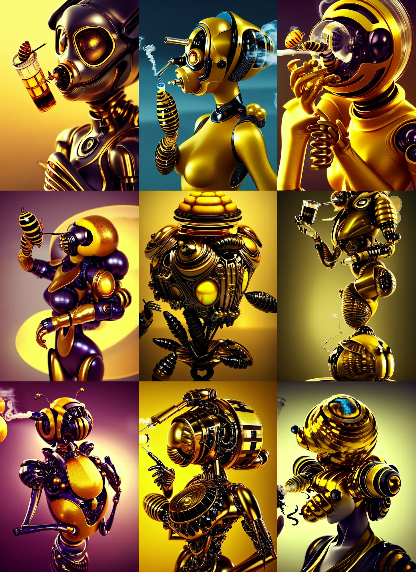 Prompt: transhuman pearl bumblebee edm cyborg smoking elaborate honey bong | ornate | glamorous oily soft polished rich enticing ornate modern | weta disney pixar movie still photo | hi - fructose, sci fi fantasy, golden ratio details, smooth, octane render, sharp focus, artstation, concept art | beeple, feng zhu, mucha, rutkowski |