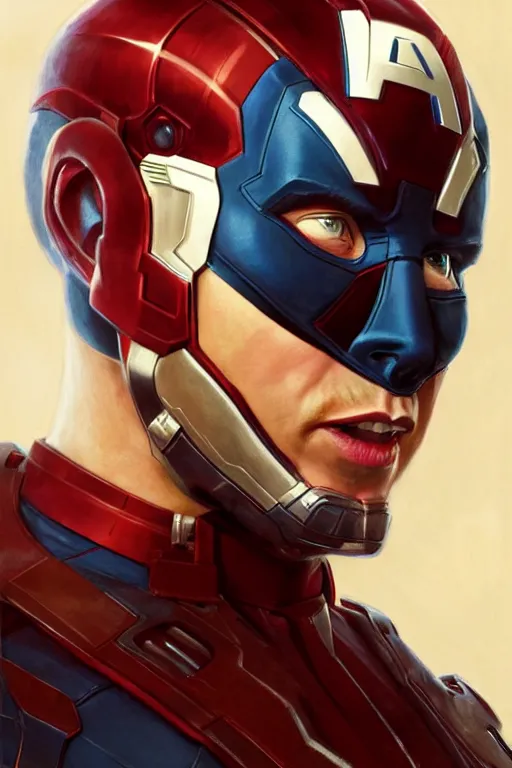 Image similar to elon musk as captain america, marvel character, portrait, highly detailed, digital painting, artstation, concept art, smooth, sharp focus, illustration, cinematic lighting, art by artgerm and greg rutkowski and alphonse mucha