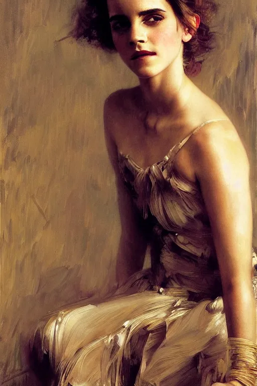 Image similar to emma watson detailed portrait painting by gaston bussiere craig mullins j. c. leyendecker richard avedon