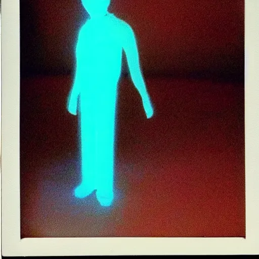 Image similar to coloured atmospheric polaroid 1 9 9 8 photo of a realistic wraith translucent transparent figure in a interior of living room low light