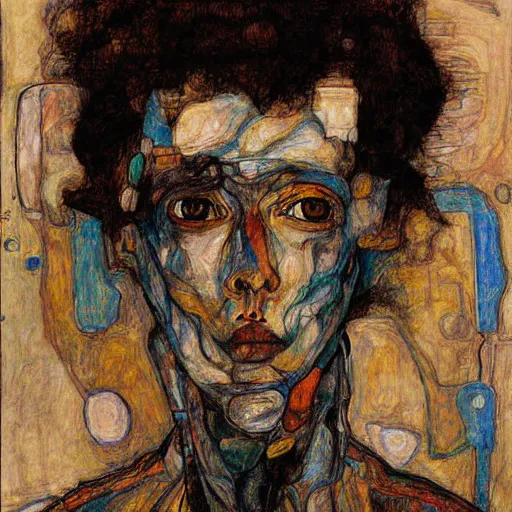 Image similar to portrait of a robot by egon schiele in the style of greg rutkowski