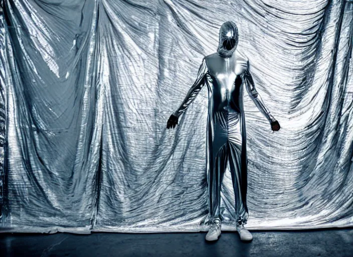 Prompt: man wrapped in foil standing on a buss cenimatic photography