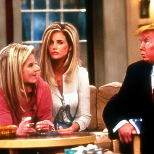 Image similar to donald trump has a guest role in friends, movie still, nineties, comedy, laughing