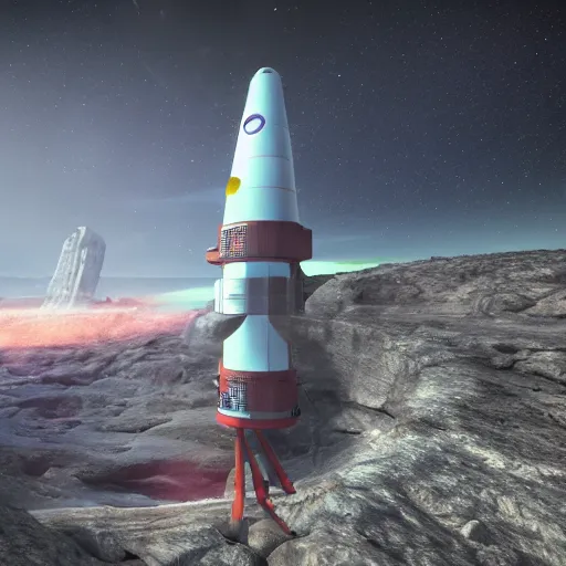 Image similar to futuristic cruise rocket landing on a platform on an asteroid, Unreal Engine 5 render, perfectly detailed