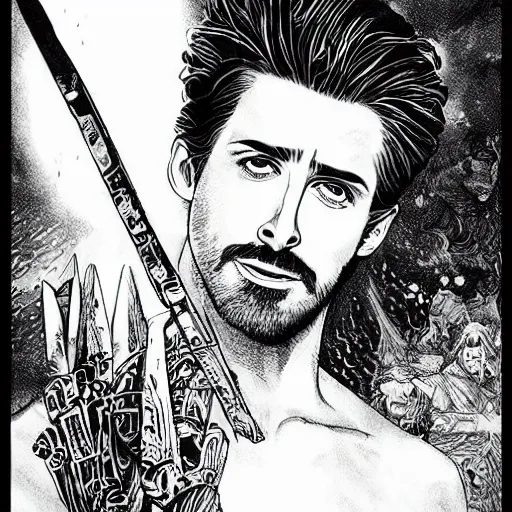 Image similar to pen and ink!!!! attractive 22 year old cyborg Frank Zappa x Ryan Gosling golden Vagabond!!!! magic swordsman glides through a beautiful battlefield magic the gathering dramatic esoteric!!!!!! pen and ink!!!!! illustrated in high detail!!!!!!!! by Hiroya Oku!!!!!!!!! Written by Wes Anderson graphic novel published on shonen jump MTG!!! 2049 award winning!!!!