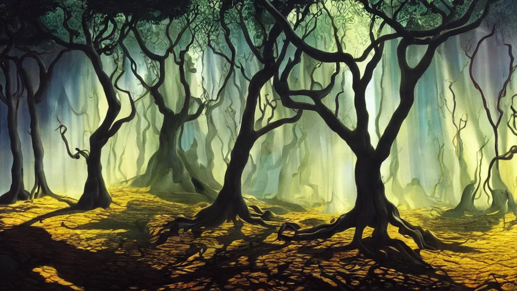 Image similar to A Salvador Dali oil painting of a hauntingly beautiful elven forest in the morning; rays of light coming through the canopy; trending on artstation; extraordinary masterpiece!!!!!!; 8k