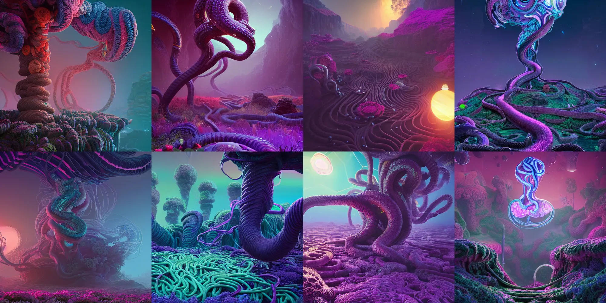 Prompt: beautiful dark landscape, medusa gorgon head snakes, beautiful flowers and crystals, in the style of beeple and mike winkelmann, intricate, epic lighting, cinematic composition, hyper realistic, 8 k resolution, unreal engine 5, raytracing, ultraviolet colors,