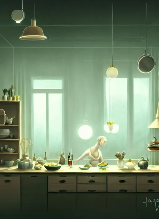 Image similar to high depth, collective civilization kitchen, calm, healing, resting, life, hybrids, scifi, soft white glowing lights, published concept art, art in the style of all and none and everything and infinity, clowdy day