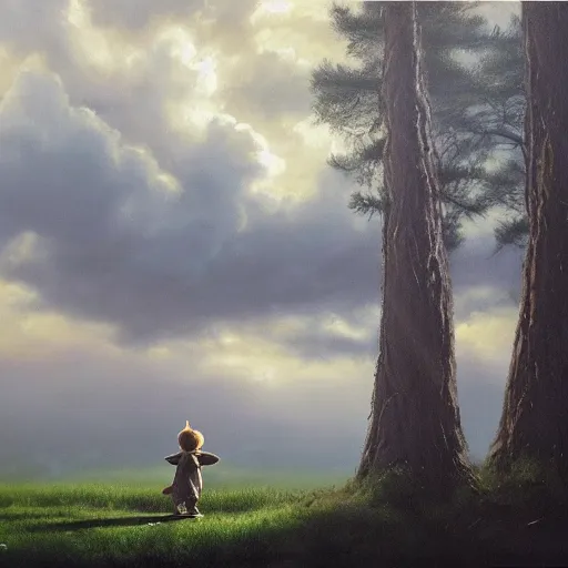 Prompt: high - angle view, shot from 5 0 feet distance, baby yoda strolls on a well lit path in a dimly lit forest. dramatic clouds, setting sun. oil on canvas painting, light, shadow, contrast, detailed, depth, volume, chiaroscuro, drama, quiet intensity, serene.