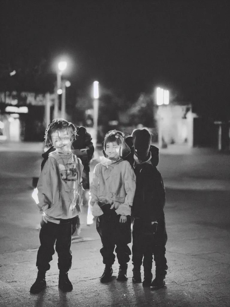 Prompt: two kids posing for a picture at night, backlit, small town, town square, lomography