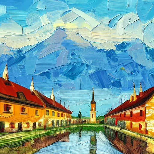 Prompt: a beautiful impasto oil painting of the city of the chiemsee, digital art