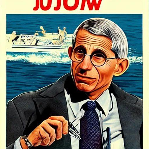 Prompt: doctor fauci on the jaws movie poster 1 9 7 5