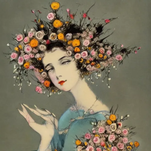 Prompt: Louis Icart, an old elaborate painting of an abstract robot tornado made entirely out of flowers coming out of her head, highly detailed, masterpiece - H 704