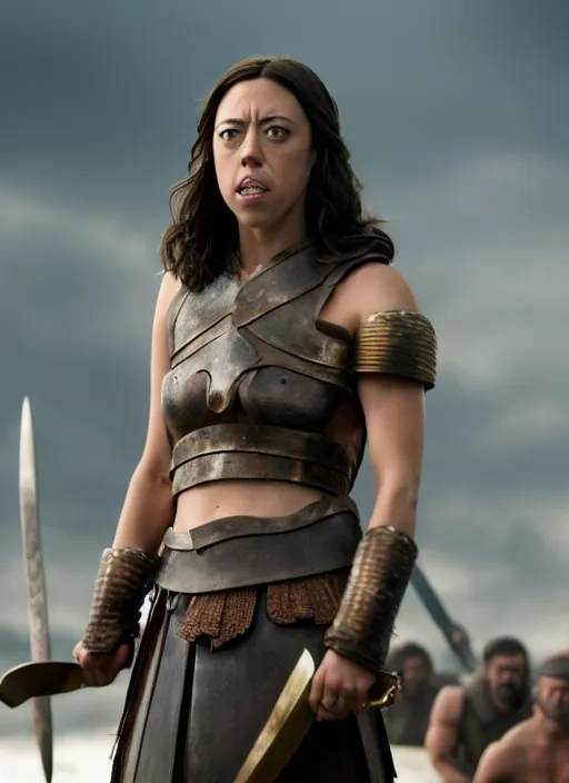 Image similar to film still of aubrey plaza as leonidas in 3 0 0 movie, 8 k