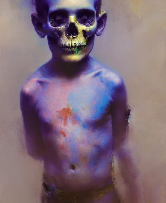 Prompt: a boy wearing a skull by jeremy mann, ultraviolet colors