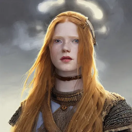 Prompt: epic portrait, an female viking medic, glossy lips, pretty, long ginger hair, puppy eyes, digital painting, artstation, concept art, soft light, hdri, smooth, sharp focus, illustration, fantasy, intricate, elegant, highly detailed, D&D, matte painting, in the style of Greg Rutkowski and Alphonse Mucha and artemisia, 8k,