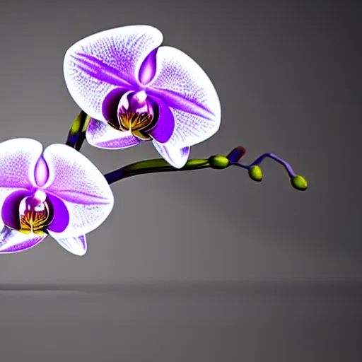 Prompt: an orchid flower, made of metal, cybernetic, reflective, glowing, unreal engine