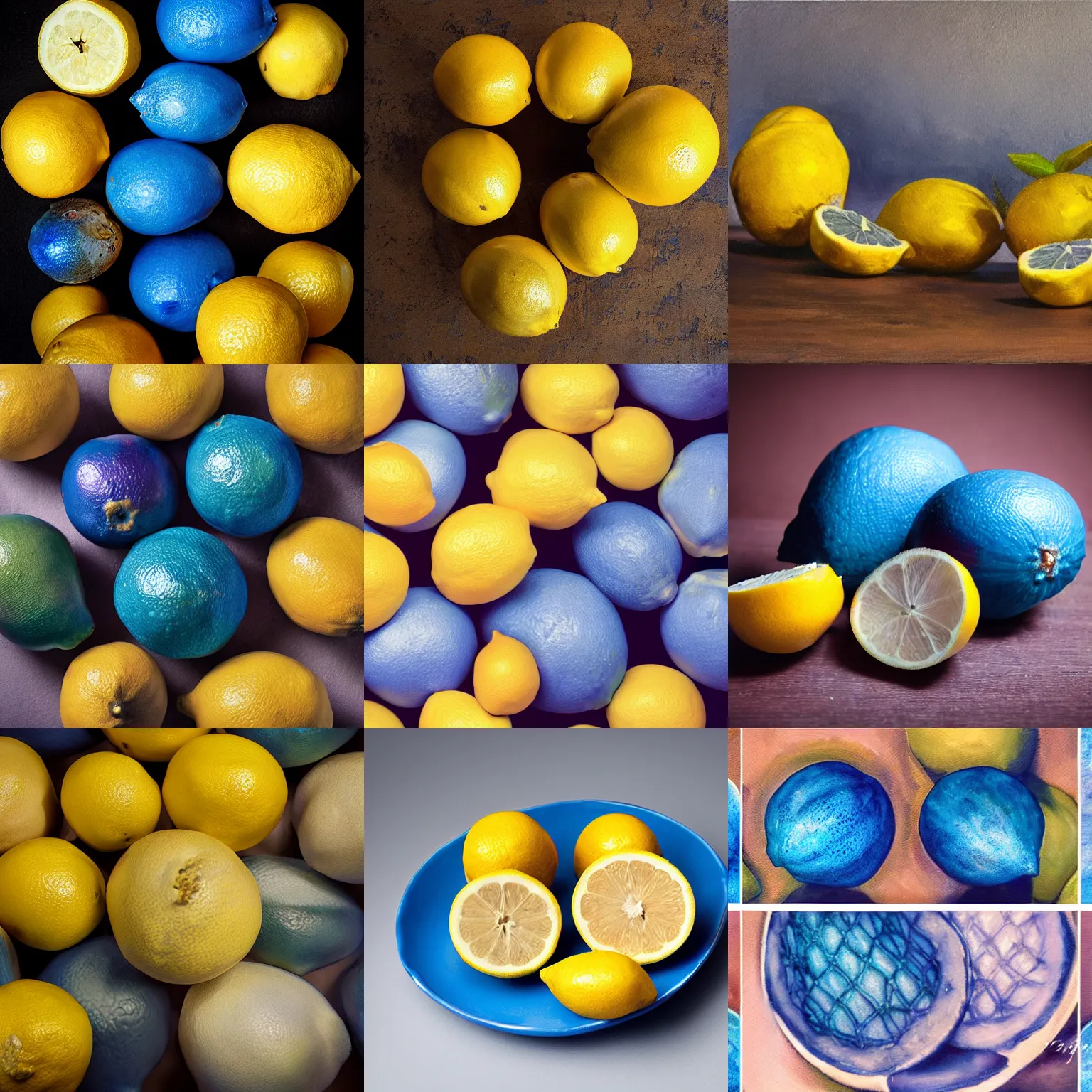 Prompt: blue lemons, studio lighting, photo