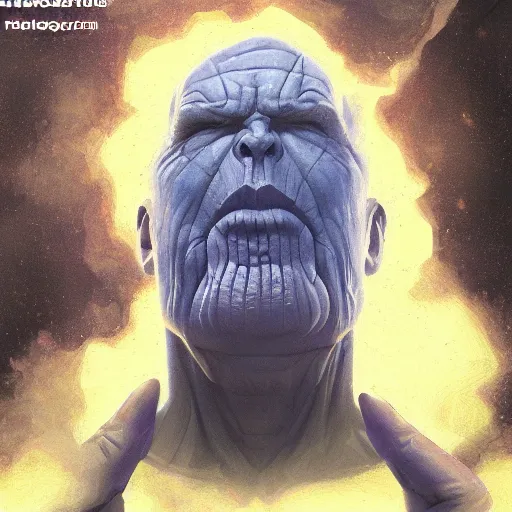 Image similar to a dramatic commission of thanos smoking a cigarr,dramatic,award winning,inspirational,digital art,art by greg rutkowski,photorealistic,highly detailed,detailed face,professional lighting,deviantart,artstation,cg society