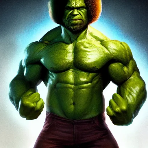 Image similar to full body portrait , photomanipulation of BOB ROSS as hulk with human flesh, marvel, fully detailed, volumetric lightening, octane render, 8k, masterpiece, epic composition, sharp focus