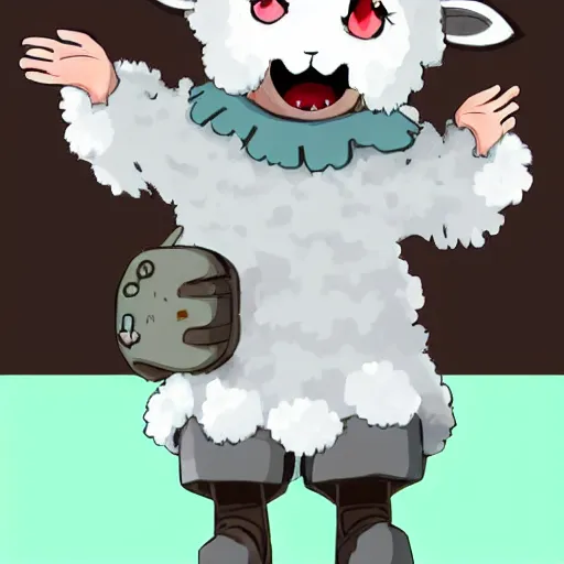 Prompt: little boy wearing sheep suit. white, gray, blue, green and brown pallet color. made in abyss art style, inspired in chris from deltarrune, cute detailed artwork